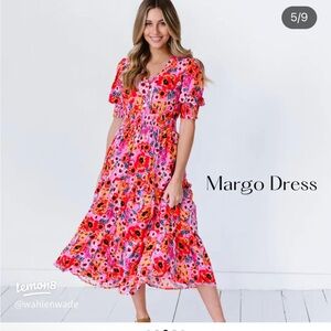 Floral Midi Dress in Pink and Red